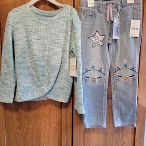 Vigoss Kids Blue Sweater and Embroidered Jeans Set